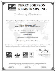 Vulcan Aluminum Mill ISO Certificate